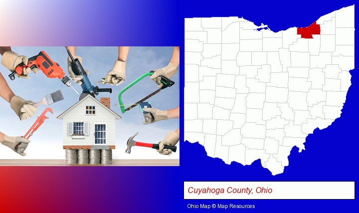 home improvement concepts and tools; Cuyahoga County, Ohio highlighted in red on a map