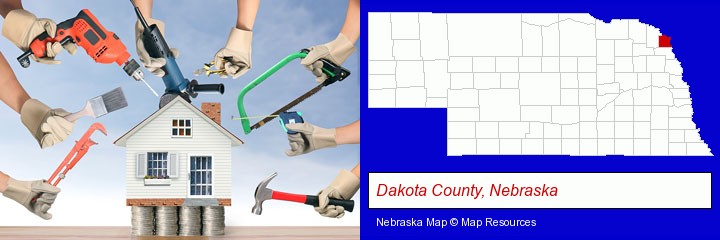 home improvement concepts and tools; Dakota County, Nebraska highlighted in red on a map