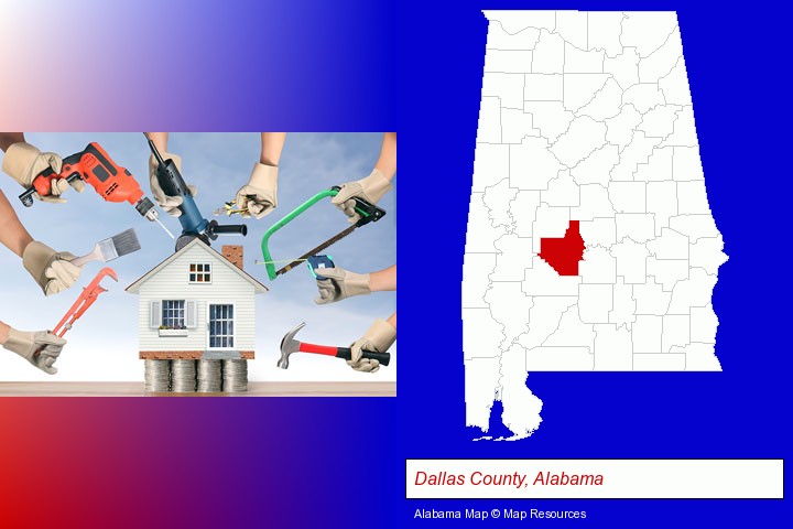 home improvement concepts and tools; Dallas County, Alabama highlighted in red on a map