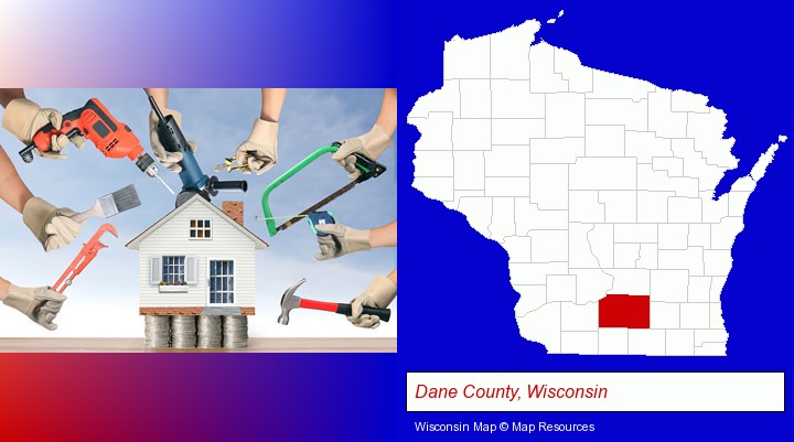 home improvement concepts and tools; Dane County, Wisconsin highlighted in red on a map