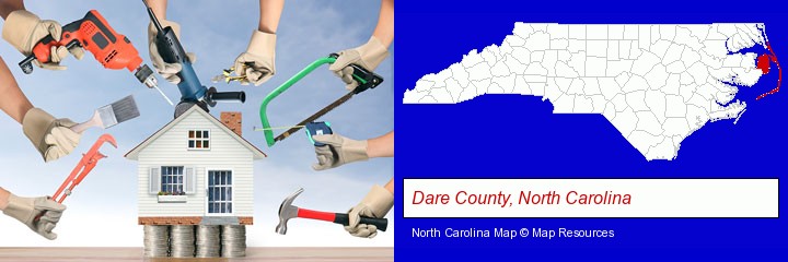home improvement concepts and tools; Dare County, North Carolina highlighted in red on a map