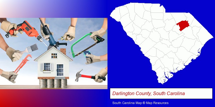 home improvement concepts and tools; Darlington County, South Carolina highlighted in red on a map