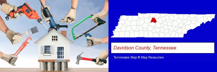 home improvement concepts and tools; Davidson County, Tennessee highlighted in red on a map
