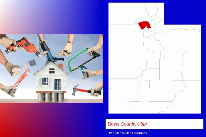 home improvement concepts and tools; Davis County, Utah highlighted in red on a map