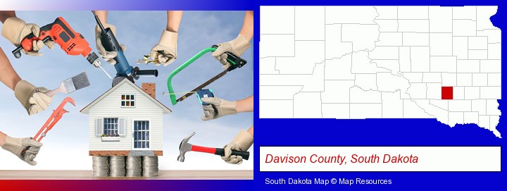 home improvement concepts and tools; Davison County, South Dakota highlighted in red on a map