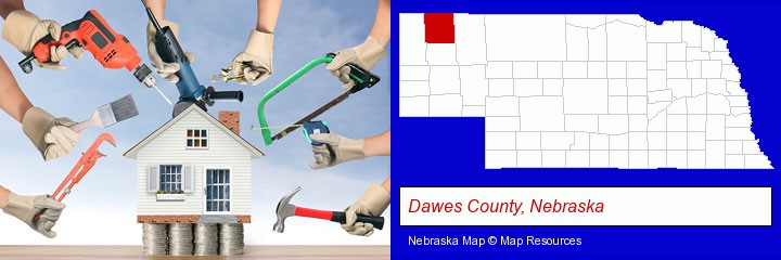 home improvement concepts and tools; Dawes County, Nebraska highlighted in red on a map
