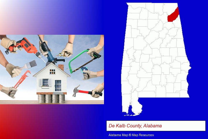 home improvement concepts and tools; De Kalb County, Alabama highlighted in red on a map
