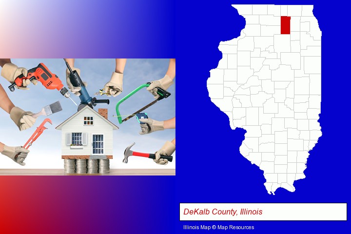 home improvement concepts and tools; DeKalb County, Illinois highlighted in red on a map
