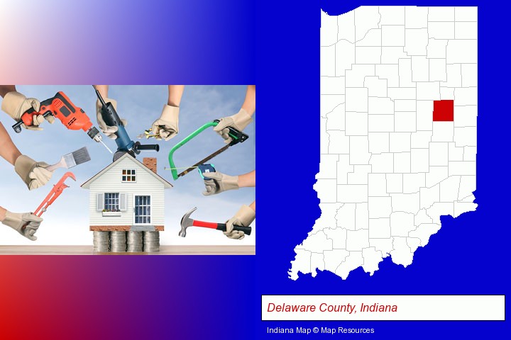 home improvement concepts and tools; Delaware County, Indiana highlighted in red on a map