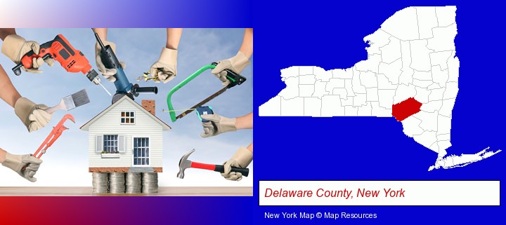 home improvement concepts and tools; Delaware County, New York highlighted in red on a map