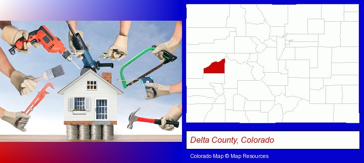 home improvement concepts and tools; Delta County, Colorado highlighted in red on a map