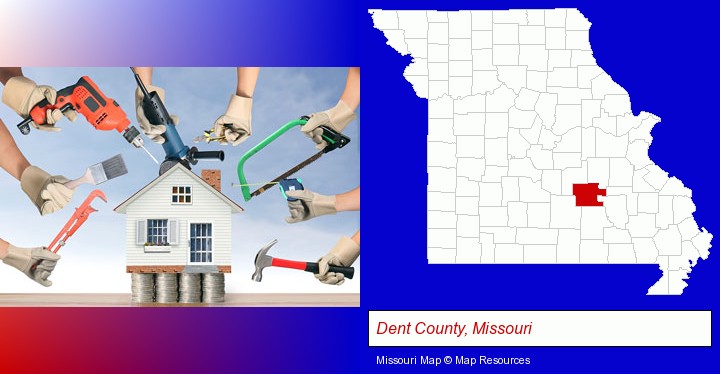 home improvement concepts and tools; Dent County, Missouri highlighted in red on a map