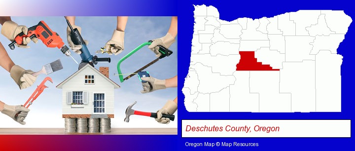 home improvement concepts and tools; Deschutes County, Oregon highlighted in red on a map