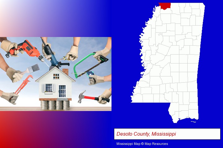 home improvement concepts and tools; Desoto County, Mississippi highlighted in red on a map