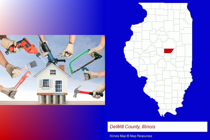 home improvement concepts and tools; DeWitt County, Illinois highlighted in red on a map