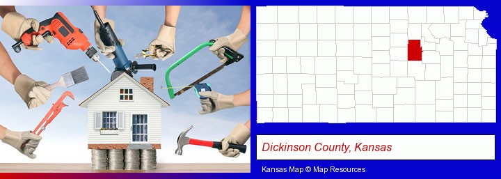 home improvement concepts and tools; Dickinson County, Kansas highlighted in red on a map