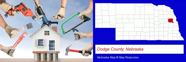 home improvement concepts and tools; Dodge County, Nebraska highlighted in red on a map