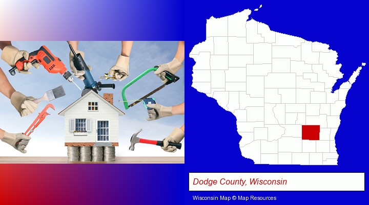home improvement concepts and tools; Dodge County, Wisconsin highlighted in red on a map