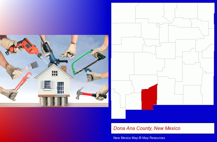 home improvement concepts and tools; Dona Ana County, New Mexico highlighted in red on a map