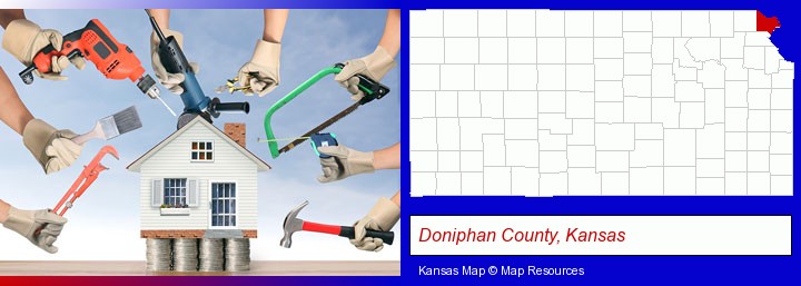 home improvement concepts and tools; Doniphan County, Kansas highlighted in red on a map