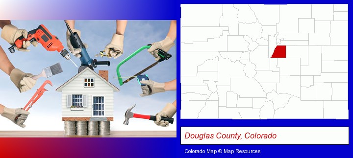home improvement concepts and tools; Douglas County, Colorado highlighted in red on a map
