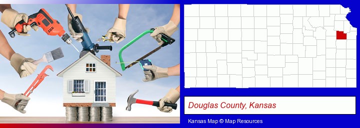 home improvement concepts and tools; Douglas County, Kansas highlighted in red on a map