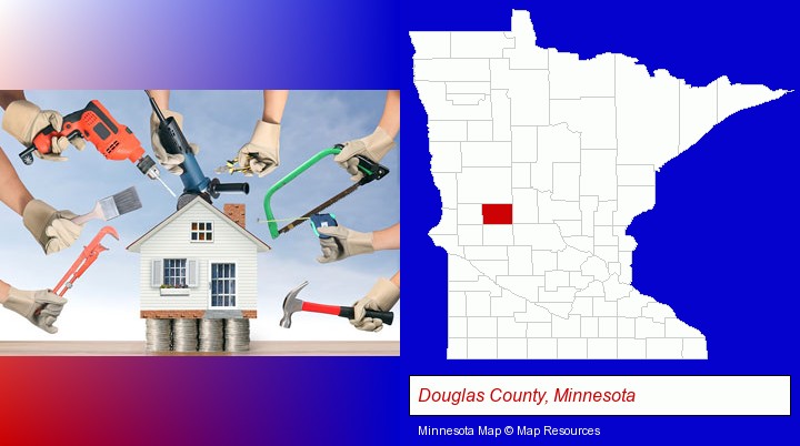 home improvement concepts and tools; Douglas County, Minnesota highlighted in red on a map