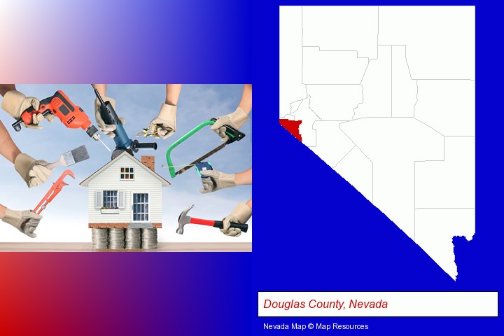 home improvement concepts and tools; Douglas County, Nevada highlighted in red on a map