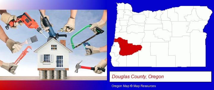 home improvement concepts and tools; Douglas County, Oregon highlighted in red on a map