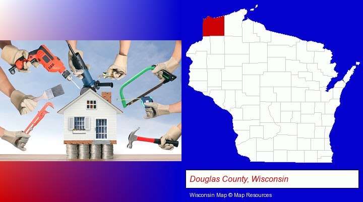 home improvement concepts and tools; Douglas County, Wisconsin highlighted in red on a map