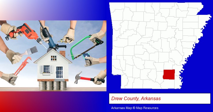 home improvement concepts and tools; Drew County, Arkansas highlighted in red on a map