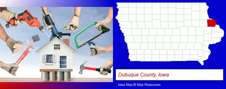 home improvement concepts and tools; Dubuque County, Iowa highlighted in red on a map