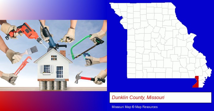 home improvement concepts and tools; Dunklin County, Missouri highlighted in red on a map