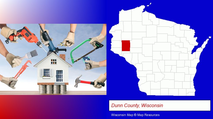 home improvement concepts and tools; Dunn County, Wisconsin highlighted in red on a map