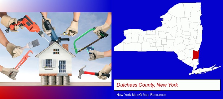 home improvement concepts and tools; Dutchess County, New York highlighted in red on a map