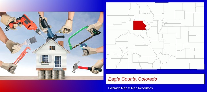 home improvement concepts and tools; Eagle County, Colorado highlighted in red on a map
