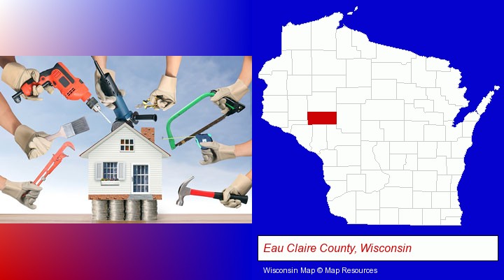 home improvement concepts and tools; Eau Claire County, Wisconsin highlighted in red on a map