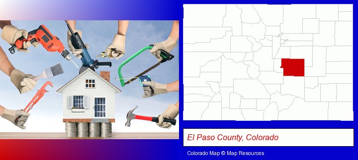 home improvement concepts and tools; El Paso County, Colorado highlighted in red on a map