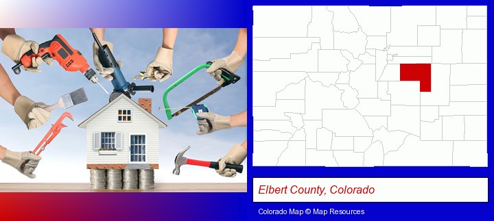 home improvement concepts and tools; Elbert County, Colorado highlighted in red on a map