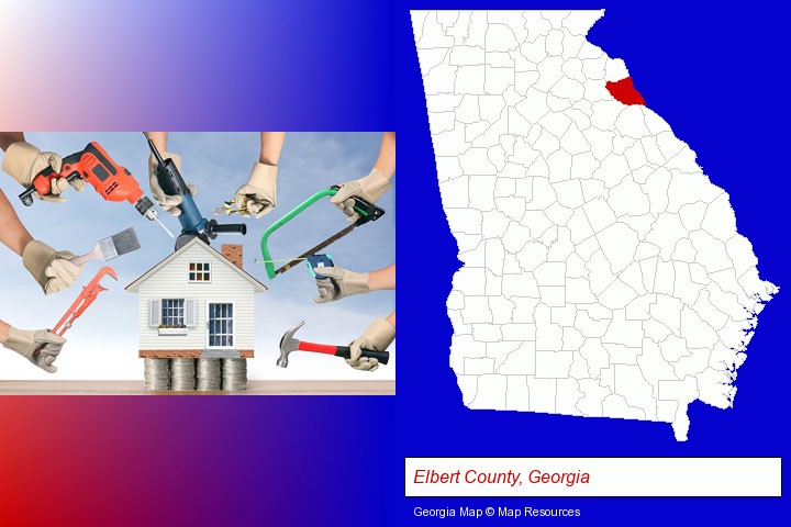 home improvement concepts and tools; Elbert County, Georgia highlighted in red on a map