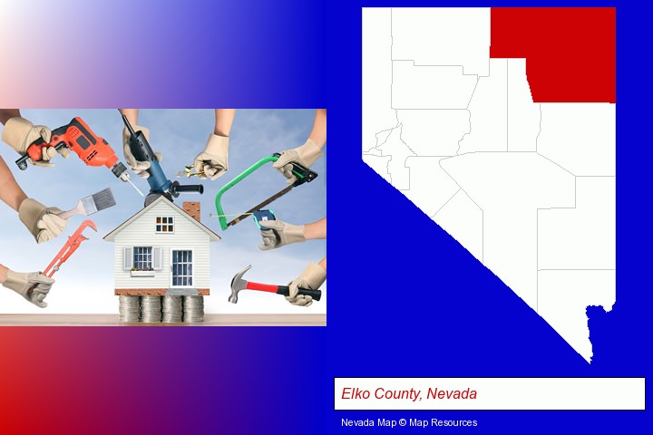 home improvement concepts and tools; Elko County, Nevada highlighted in red on a map