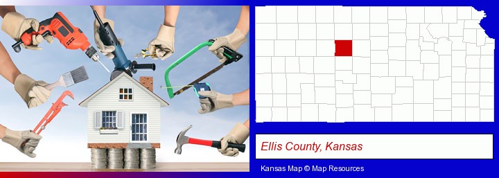 home improvement concepts and tools; Ellis County, Kansas highlighted in red on a map