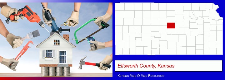 home improvement concepts and tools; Ellsworth County, Kansas highlighted in red on a map