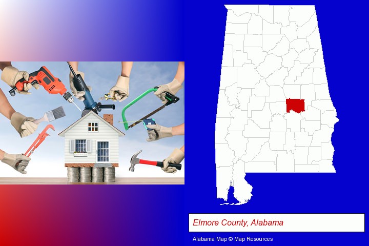home improvement concepts and tools; Elmore County, Alabama highlighted in red on a map