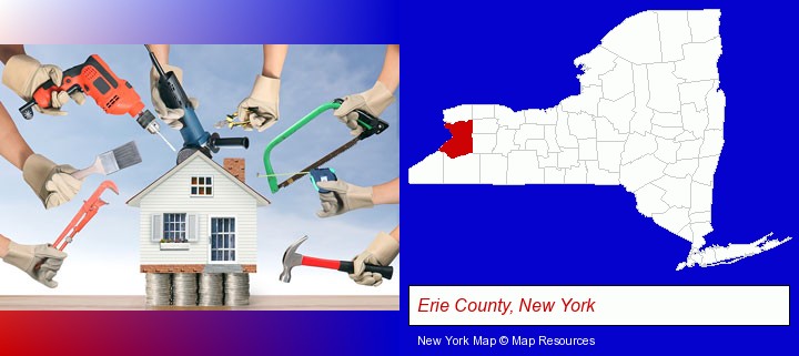 home improvement concepts and tools; Erie County, New York highlighted in red on a map