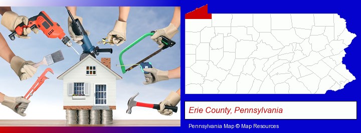 home improvement concepts and tools; Erie County, Pennsylvania highlighted in red on a map
