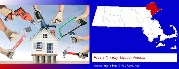 home improvement concepts and tools; Essex County, Massachusetts highlighted in red on a map