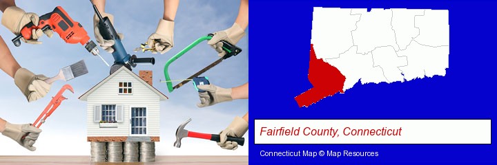 home improvement concepts and tools; Fairfield County, Connecticut highlighted in red on a map