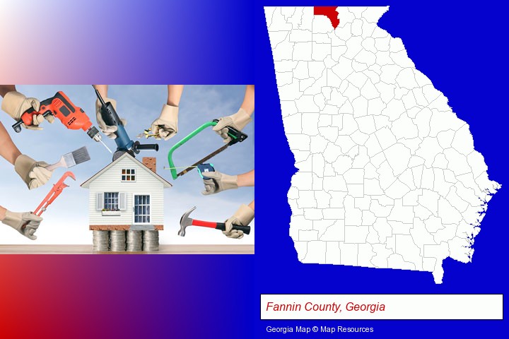 home improvement concepts and tools; Fannin County, Georgia highlighted in red on a map