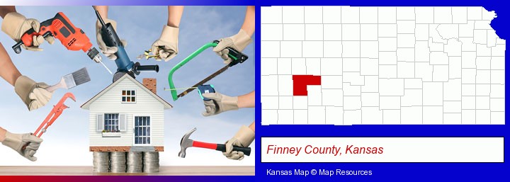 home improvement concepts and tools; Finney County, Kansas highlighted in red on a map